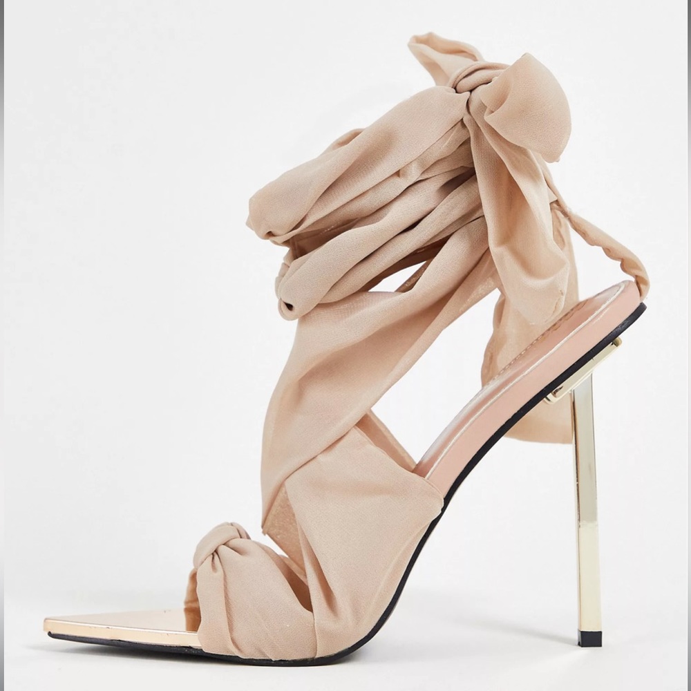 Public Desire Huni ribbon tie up gold stiletto heel sandals beige